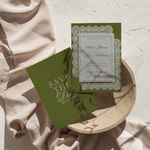 Antike Olivgrüne Spitze Old Money Hochzeit Save The Date