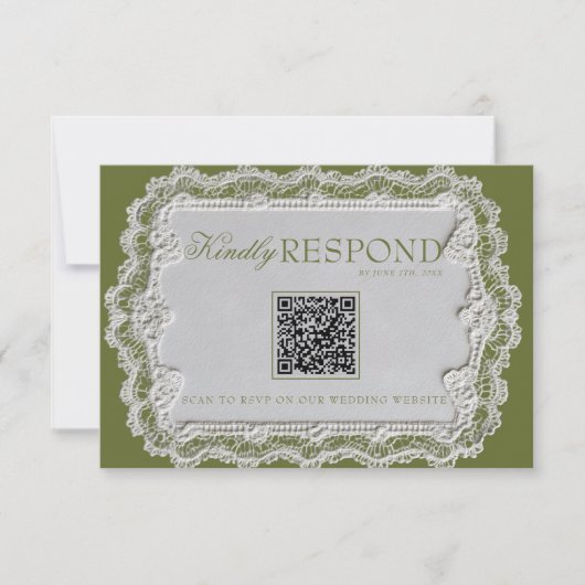 Antike Olivgrüne Spitze Retro QR-Code Hochzeit RSVP Karte (Vorderseite)