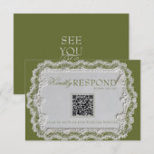 Antike Olivgrüne Spitze Retro QR-Code Hochzeit RSVP Karte (Vorne/Hinten)