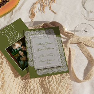 Antike Olivgrüne Spitzen-Foto-Fancy-Hochzeit Save The Date