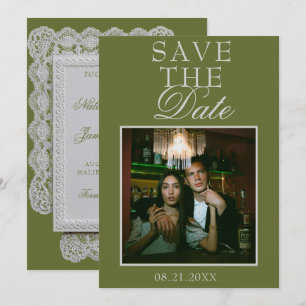 Antike Olivgrüne Spitzen-Foto-Fancy-Hochzeit Save The Date