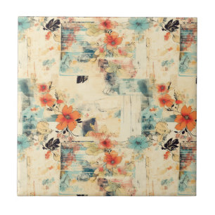 Antike Orange Blaue Florale Vergilbte Ephemera Fliese