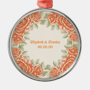 Antike orangefarbene Rosen Hochzeit Save the Date Silbernes Ornament