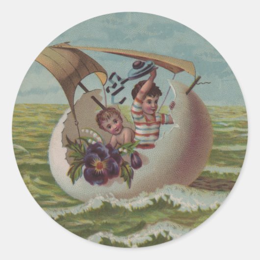 Antike Osterkarte Segeleier Kinder Runder Aufkleber (Vorderseite)