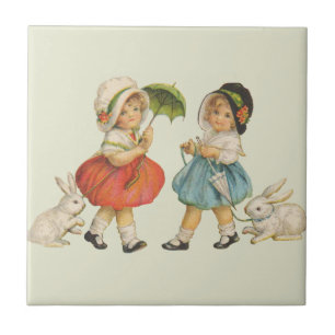 Antike Osterkinder Hasen Hauben Vintage Fliese