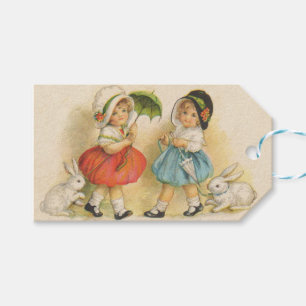 Antike Osterkinder Hasen Hauben Vintage Geschenkanhänger