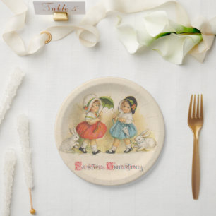 Antike Osterkinder Hasen Hauben Vintage Pappteller