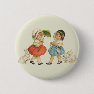 Antike Ostern Kinder Hasen Hauben Vintage Button