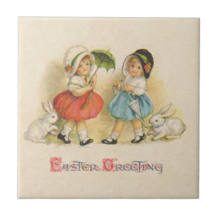 Antike Ostern Kinder Hasen Hauben Vintage Fliese