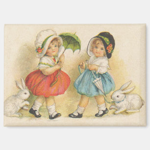 Antike Ostern Kinder Hasen Hauben Vintage Magnet