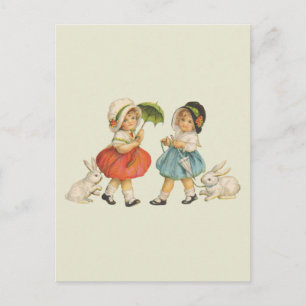 Antike Ostern Kinder Hasen Hauben Vintage Postkarte