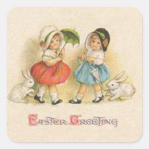 Antike Ostern Kinder Hasen Hauben Vintage Quadratischer Aufkleber