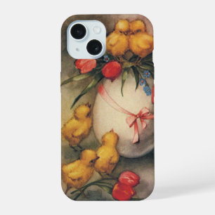 Antike Ostern Küken, Ei mit roten Tulpenblumen iPhone 15 Hülle