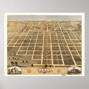 Antike panoramische Karte Urbanas Illinois 1869 Poster