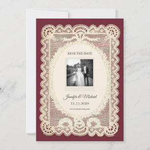 Antike Papier-Spitze Burgunder Hochzeit Termin mer Save The Date