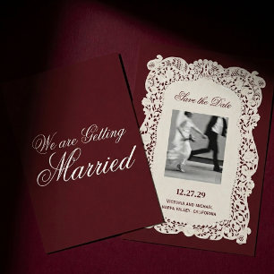 Antike Papier-Spitze Burgunder Romantisches Foto H Save The Date