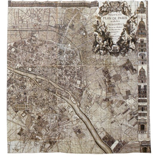Antike Paris-Karten-Architektur 1728 Vintages Duschvorhang (Vorderseite)