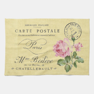 Antike Pariser Postkarte mit rosa Rosen Geschirrtuch