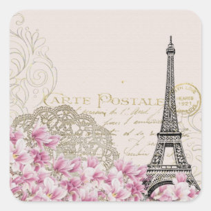 Antike Pariser Postkarte & rosa Blüten Quadratischer Aufkleber