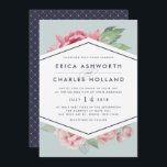 Antike Peony | Einladung zum Hochzeitsfeiern mit B<br><div class="desc">Elegante Hochzeitseinladungen mit einer schicken Mischung aus Vintagen Aquarellfloralen und modernen geometrischen Elementen auf einem gedämpften, grünen Hintergrund. Ein Spray aus rot-rosa Wasserfarbenpeony Blume flüchtige Blicke von oben und unten aus einem zentralen diamantenförmigen Element umrissen in Mitternachtsblau, sodass Ihre Hochzeitsdetails in sauberer, moderner Schrift gehalten werden. Karten kehren zu einem...</div>