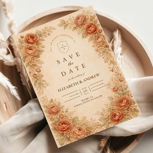 Antike Pfirsich-Rosen-Blumenhochzeit Save The Date