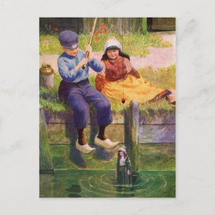 Antike Postkarte Kinder beim Fischen