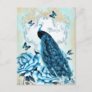 Antike Postkarte mit Pfauenblauer Rose und Schmett