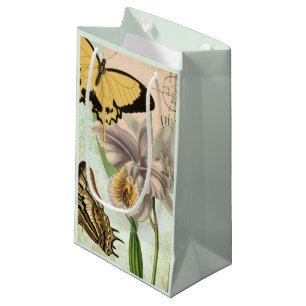 Antike Postkarte mit Schmetterlingen und Blumen Kleine Geschenktüte