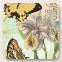 Antike Postkarte mit Schmetterlingen und Blumen