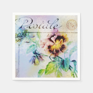 Antike Postkarte mit Stiefmütterchen-Blumen im Lan Serviette
