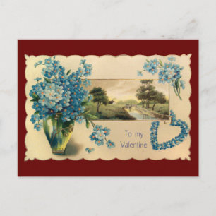 Antike Postkarte zum Valentinstag mit blauer Blume