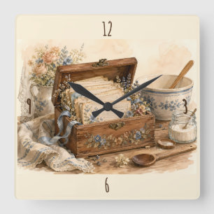 Antike Rezeptbox Landhaus Küche Quadratische Wanduhr