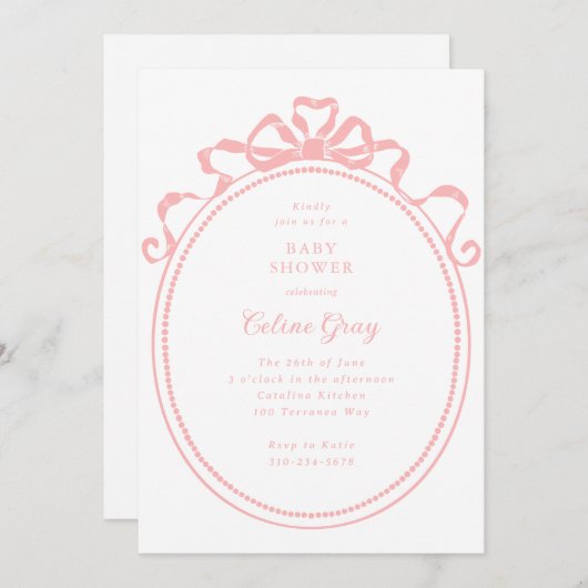 Antike Ribbon Bow Viktorianisch Pink Baby Dusche Einladung (Vorne/Hinten)