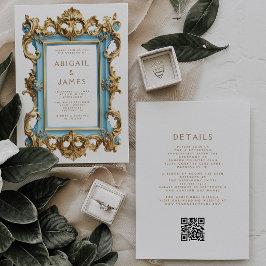 Antike Rokoko-Rahmen Blau Gold QR-Code Hochzeit Einladung