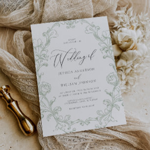 Antike Rokoko-Sage-Linienkunst-Hochzeit Einladung