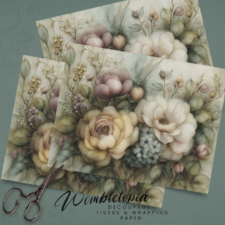 Antike Romantische Blumen in Gelb Blau Dekoupage Seidenpapier