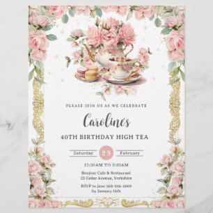 Antike rosa Blumenrosen Hochtee-Party Geburtstag Flyer