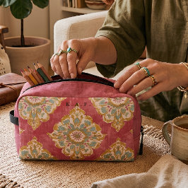 Antike rosa Damast-Monogramm-Kosmetiktasche Waschbeutel