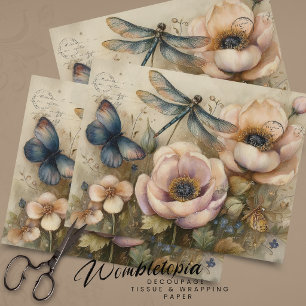 Antike rosa Mohnblumen & Schmetterling Blumen Deku Seidenpapier