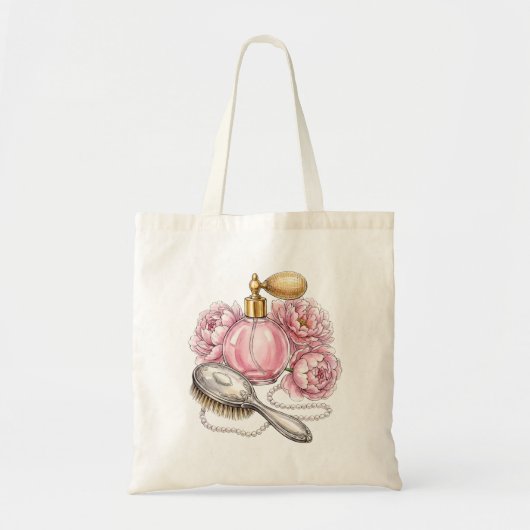 Antike rosa Parfümflasche & Perlen Tragetasche (Vorne)