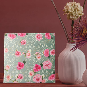 Antike rosa Rosen auf goldenem tealfarbenem Damast Fliese