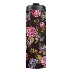 Antike rosa Rosen auf Schwarz Thermosbecher