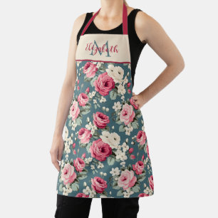 Antike rosa Rosen auf tiefblauem Monogramm Schürze