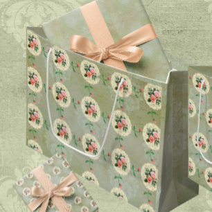 Antike rosa Rosen grüner verblasster Damast Große Geschenktüte