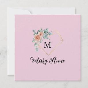 Antike rosa Rosen mit goldenem Herz-Monogramm und  Feiertagskarte