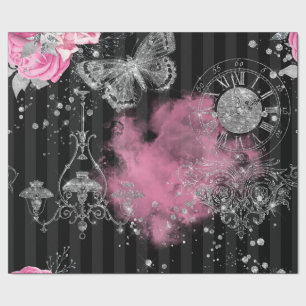 Antike rosa Rosen Silber Glitter Schmetterling Geschenkpapier