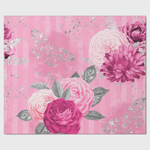 Antike rosa Rosen Silber Glitter Schmetterlinge Geschenkpapier