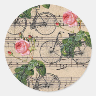 Antike rosa Rosen und Fahrräder Runder Aufkleber