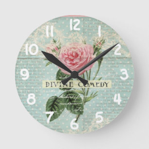 Antike rosa Rosen und französische Schrift Runde Wanduhr