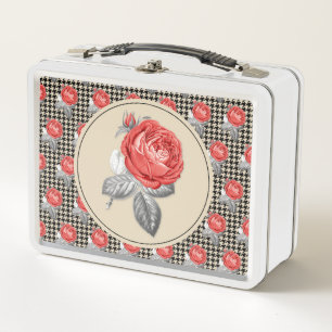 Antike rosa Rosen und Hahnenkamm-Muster Metall Brotdose